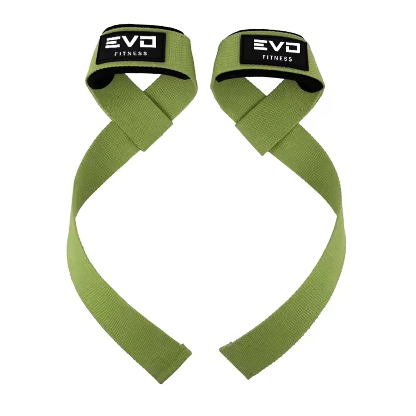 Olive green fabric lifting straps with black EVO Fitness logo patches on wrist wraps.