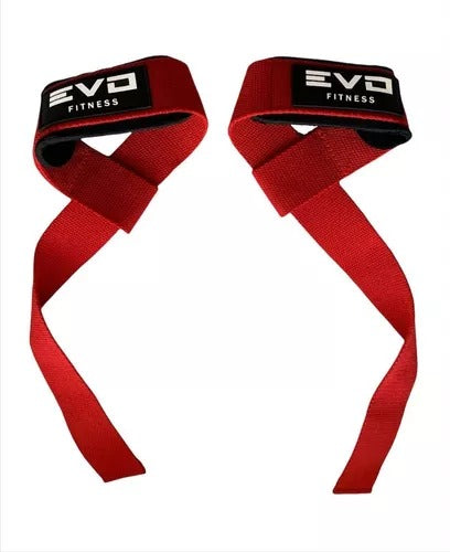 Red fitness lifting straps with black and white EVO Fitness logo patches.