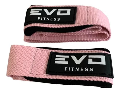 Pink woven fitness straps with black edges and EVO Fitness logo patches.