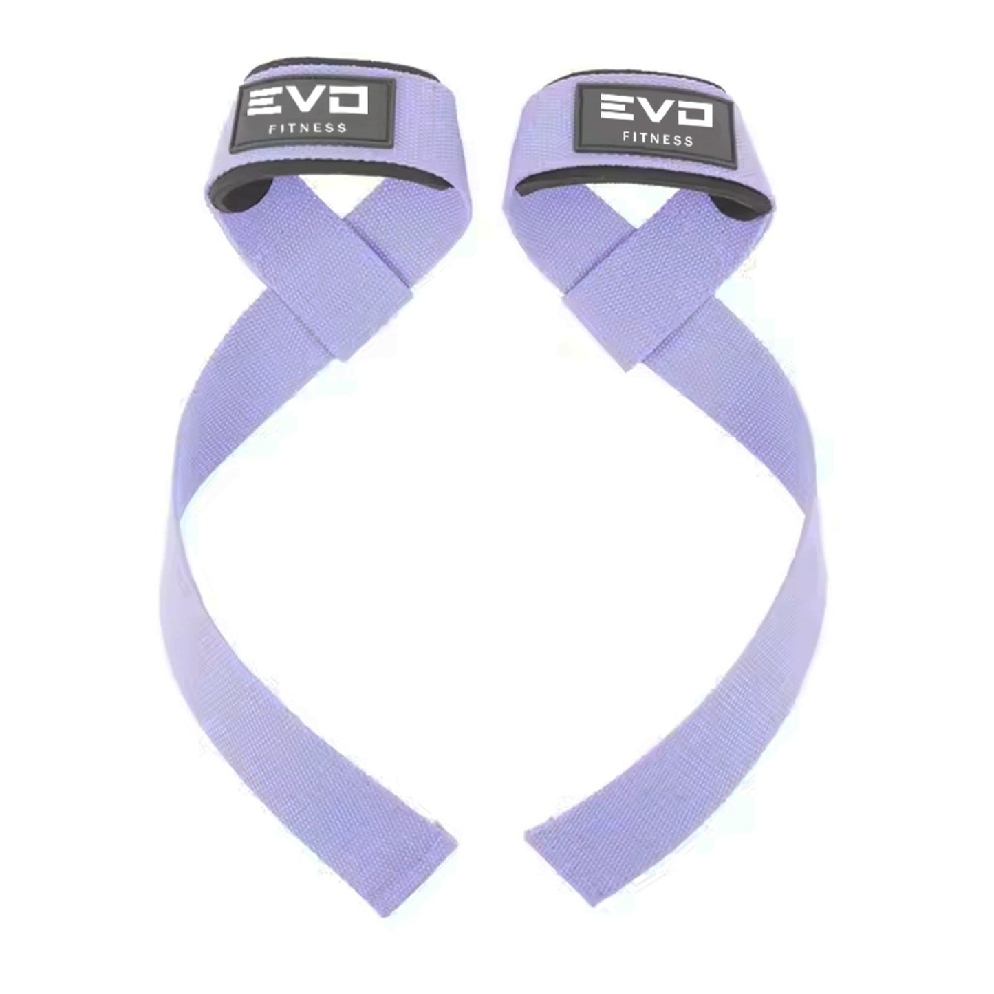 Pair of lilac fitness lifting straps with black and white EVO branding patches.