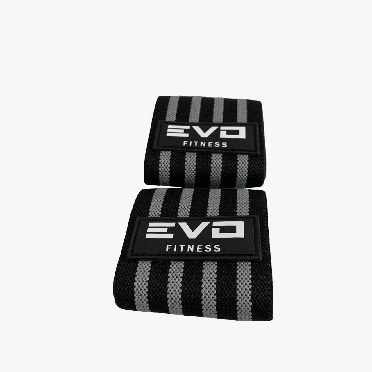 Black and gray striped wrist wraps with EVO Fitness logo.