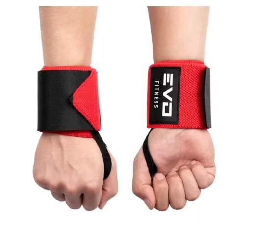 Black and red wrist wraps with adjustable Velcro strap and thumb loop, branded EVO Fitness.