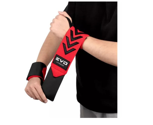 Red wrist wraps with black arrow designs being worn on arms, featuring a black fastening strap with red "EVO" branding.