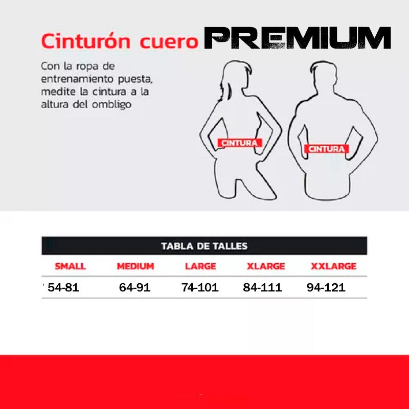 Red premium leather training belt with instructional size chart and fit guide illustrations.