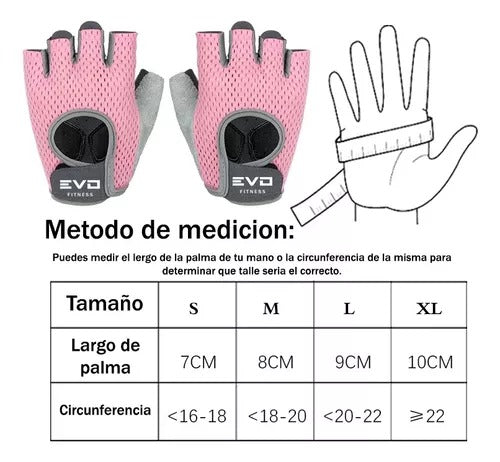 Pink half-finger cycling gloves with black wrist straps and EVO logo.
