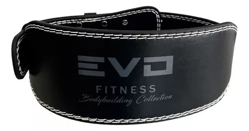 Black leather weightlifting belt with white stitching and EVO Fitness logo embossed in gray.