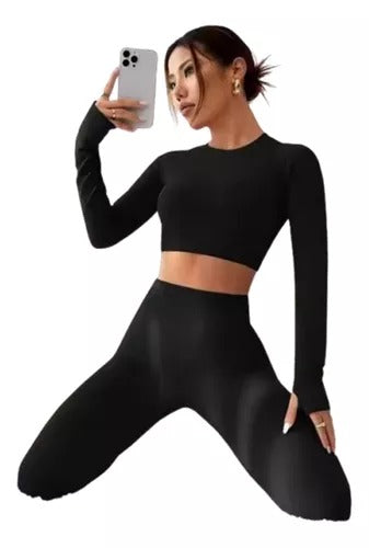 Conjunto Deportivo Calza Push Up + Top Buzo Negro