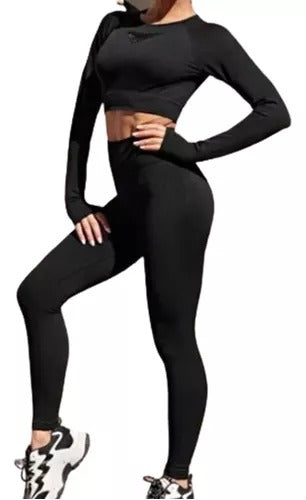 Conjunto Deportivo Calza Push Up + Top Buzo Negro