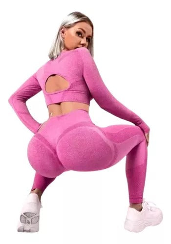 Conjunto Deportivo Calza Push Up + Top Buzo Fuxia