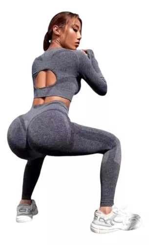 Conjunto Deportivo Calza Push Up + Top Buzo Gris