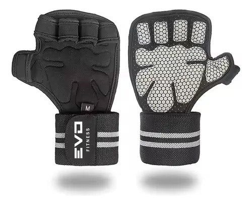 Black padded fitness gloves with hex-patterned grip and wrist wraps with white stripes and EVO logo.