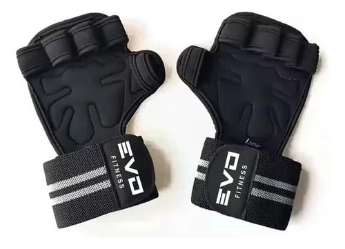 Black padded fingerless gloves with wide elastic wrist wraps and white EVO branding.