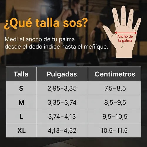 Size chart for guantes con muñequeras showing hand width measurements in inches and centimeters for sizes S to XL.