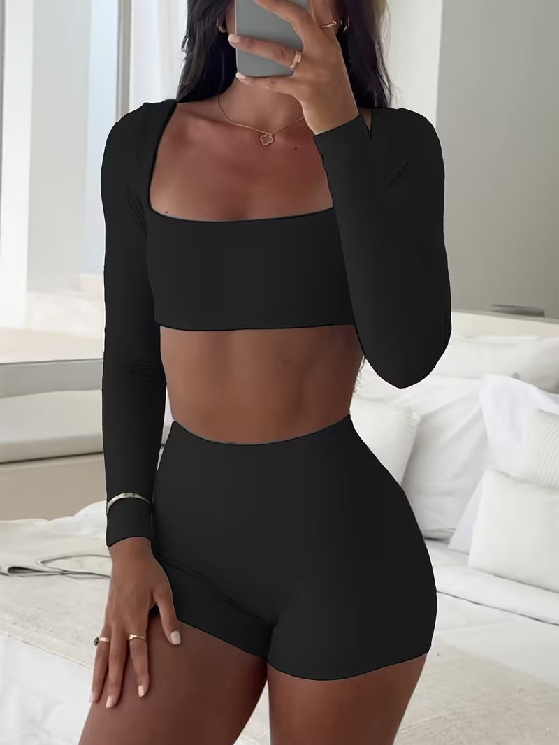 Conjunto de dama top y short sin frunce negro