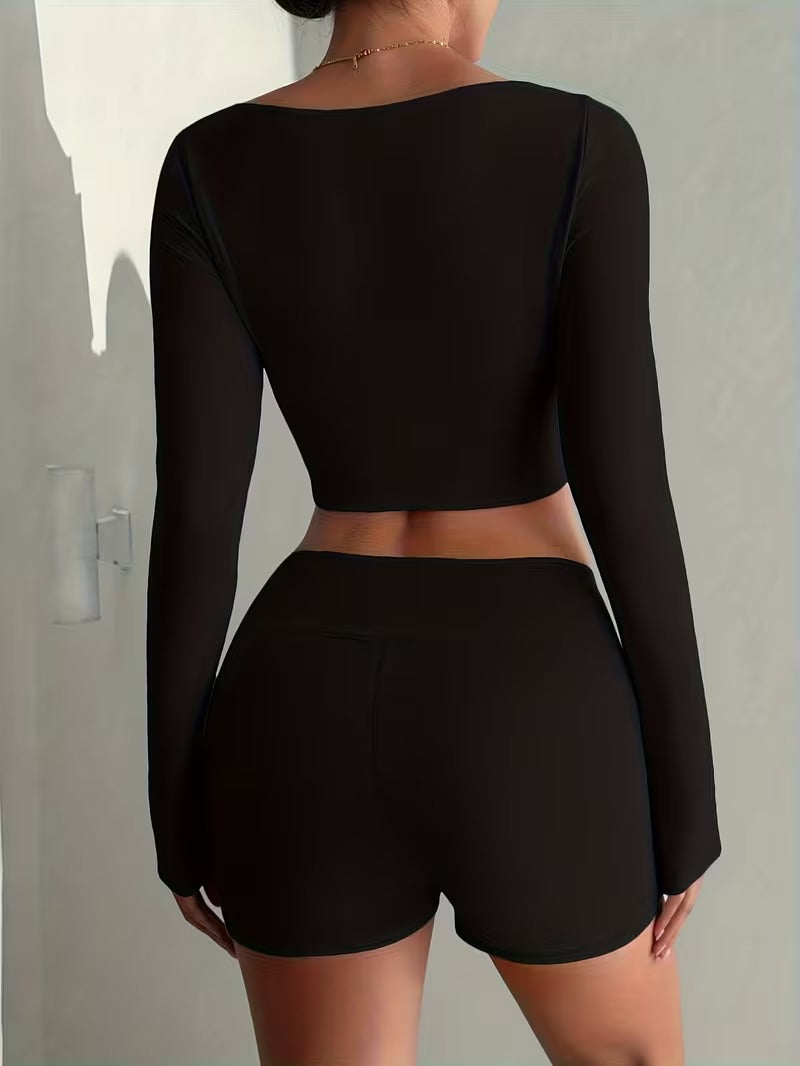 Conjunto de dama top y short sin frunce negro