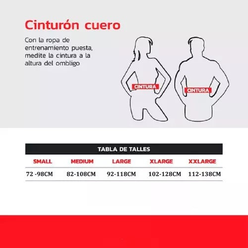 Training leather belt with adjustable buckle, available in sizes S to XL, shown with size guide chart.