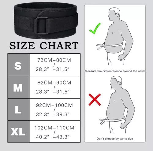 Black neoprene training belt with adjustable buckle and size chart displayed alongside usage instructions illustration.