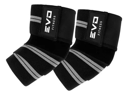 Pair of black and gray wrist wraps with Velcro straps and EVO Fitness logo.