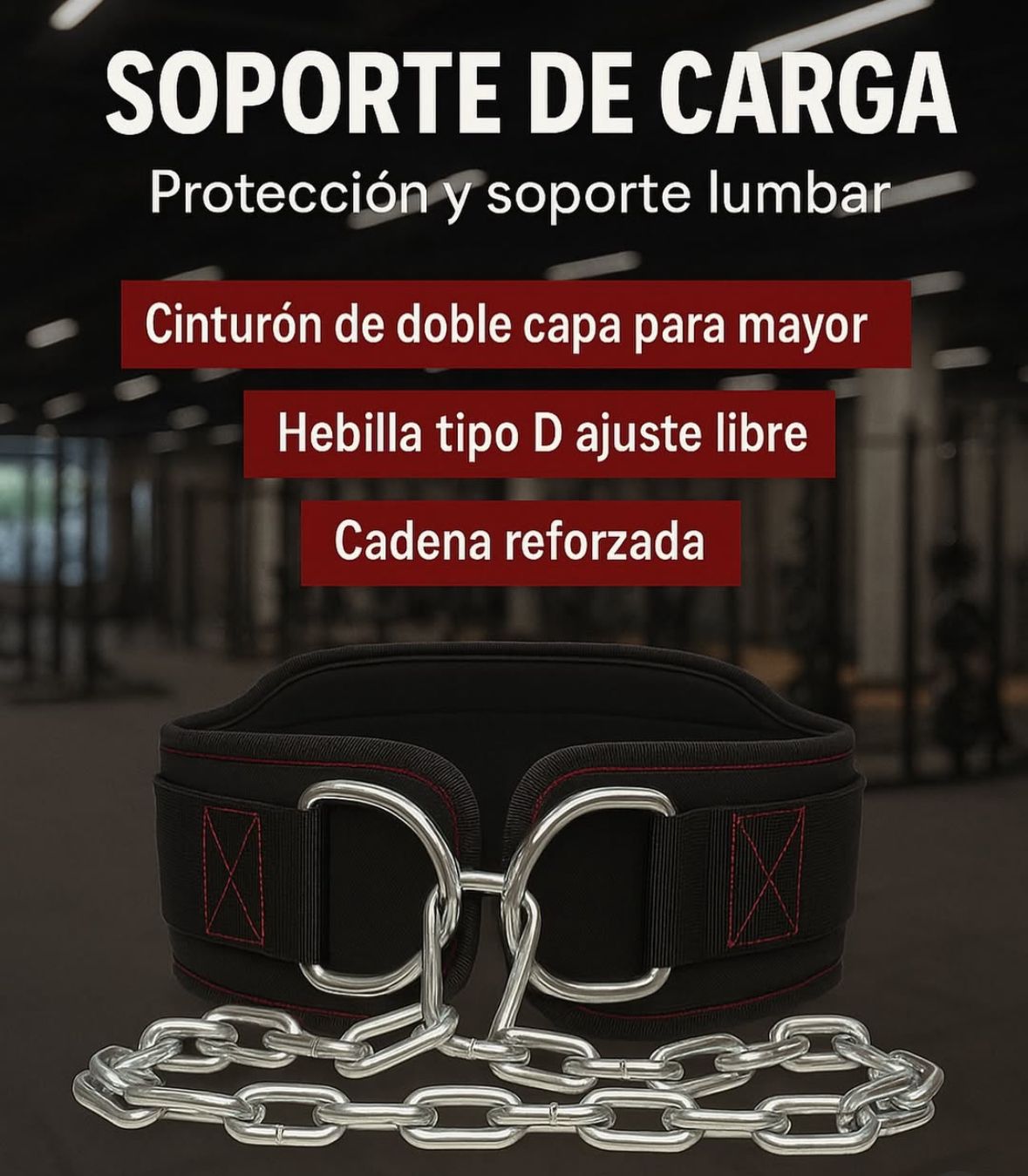 Black weighted belt with reinforced chain and free adjustment buckle designed for lumbar support and heavy load lifting.