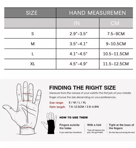 Hand size measurement chart with sizes S to XL and corresponding inches and centimeters for glove fitting guidance.