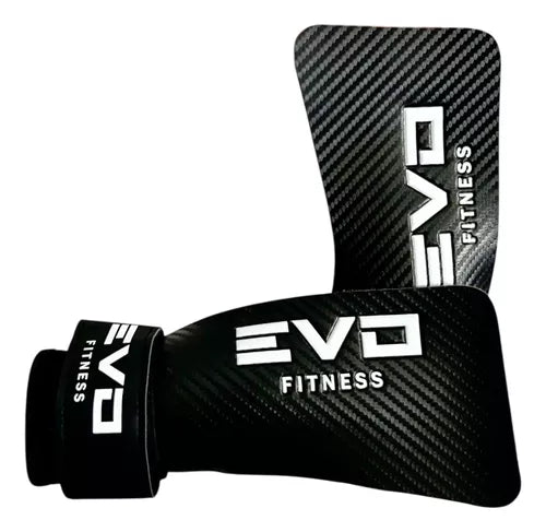 Black EVO Fitness training hand grips with white logo and carbon fiber texture.