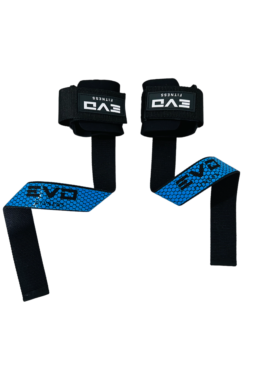 Black wrist straps with blue gel grip pads and white EVA branding.