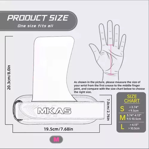 Gray training hand gripper pad with black trim, MKAS logo, and size dimensions displayed.