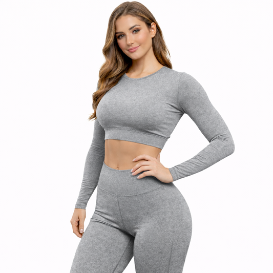 Conjunto Deportivo Calza Push Up + Top Buzo Gris