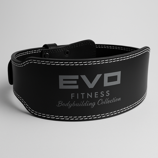 Black EVO Fitness weightlifting belt with white stitching and "Bodybuilding Collection" text.