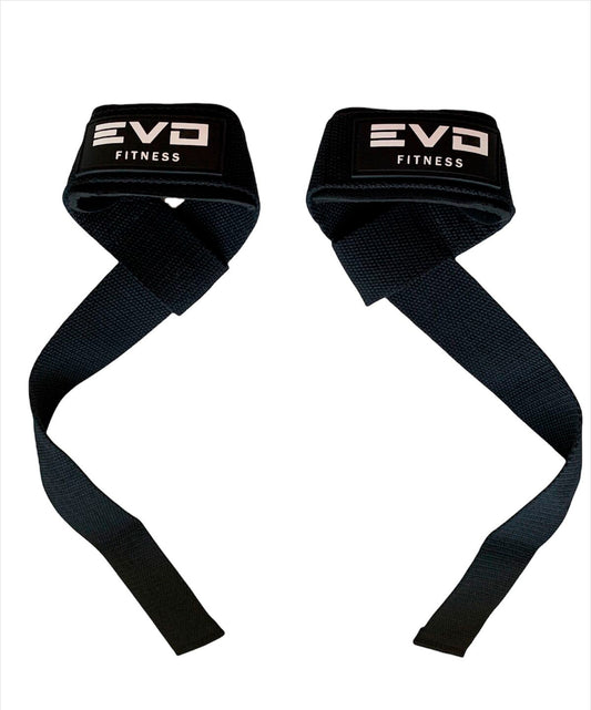 Black fitness lifting straps with EVO Fitness logo on padded wrist supports.