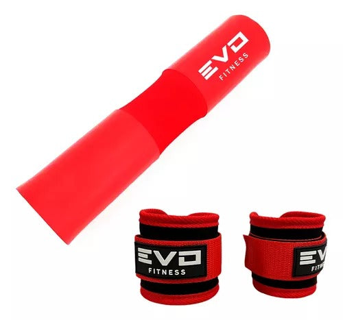 Combo Tobillera Para Polea X2 Roja + Almohadilla De Barra Roja