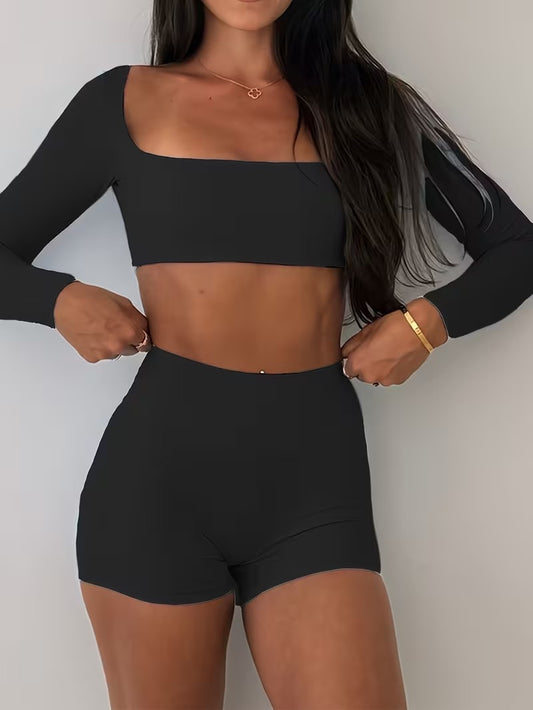 Conjunto de dama top y short sin frunce negro