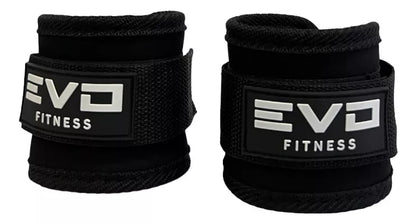 Pair of black EVO Fitness ankle weights with Velcro straps and white logo text.