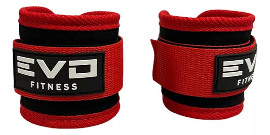 Red EVO Fitness ankle wraps with black and white logo and adjustable Velcro straps.