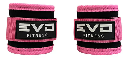 Pair of pink and black EVO Fitness wrist or ankle weights with adjustable straps and logo patches.